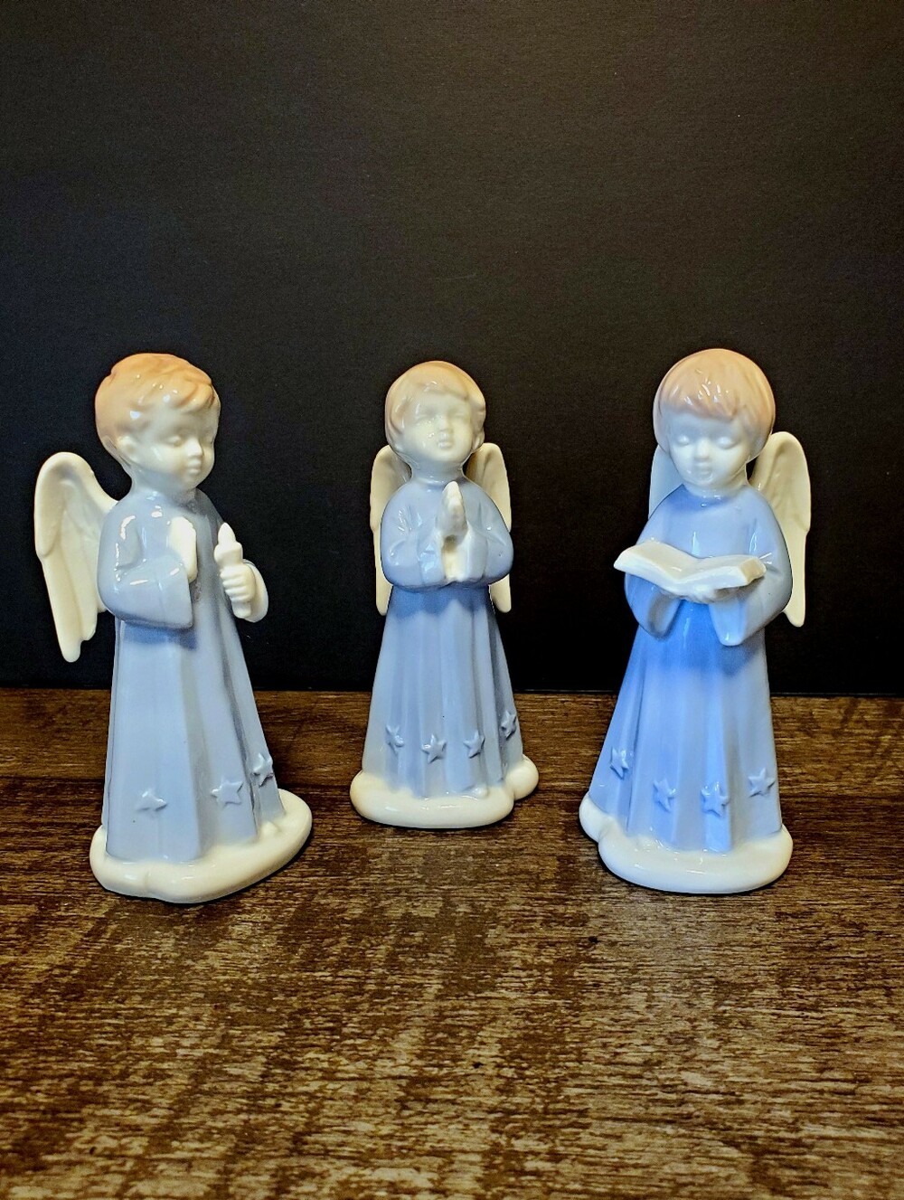 Vintage Inarco Blue Ceramic Angel Figurine Trio 1960s Japan Home Accents Decor